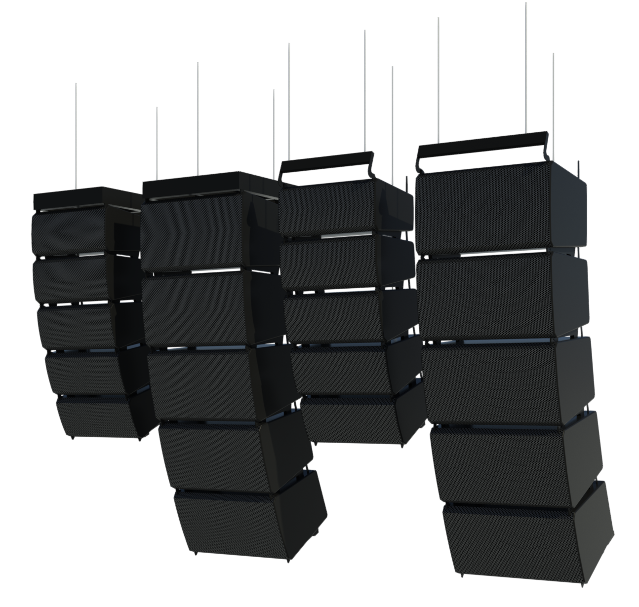 PL Series LA8 & LA12 flown loudspeaker line arrays with array frame and pull back bar systems at 12 degrees.